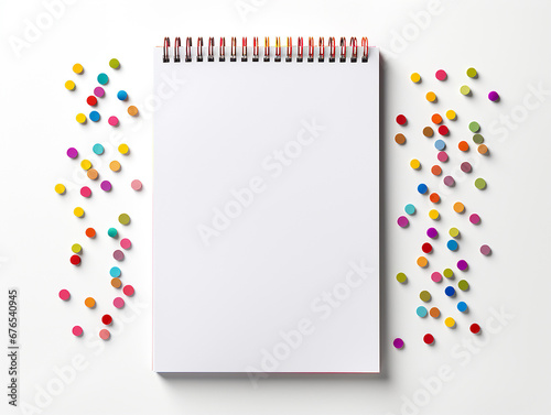 quaderno a spirale di cartone con materiale riciclato,  mockup di agenda vista dall'alto su sfondo bianco con  coriandoli photo