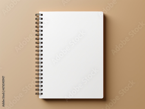 quaderno a spirale di cartone con materiale riciclato,  mockup di agenda vista dall'alto su sfondo beige 