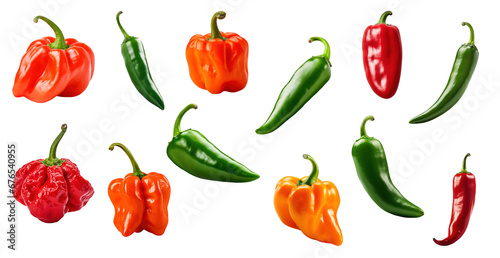 Variety of different chili peppers on isolated transparent background including habanero, carolina reaper, and serrano
