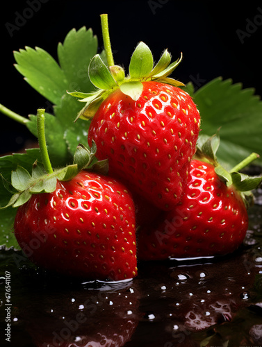 Close up fruit background with fresh strawberries on black background