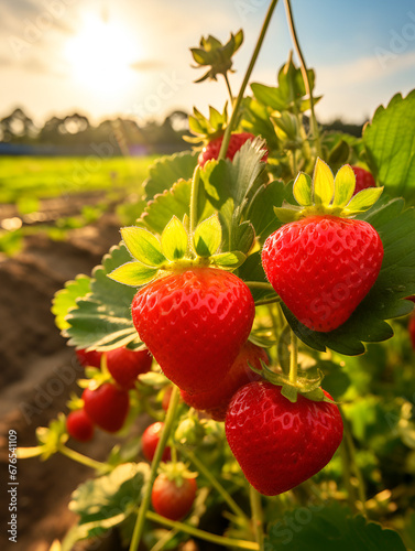 Close up of fresh ripe strawberries growing on a field