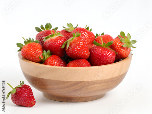 Fresh strawberries in a wooden bowl isolated on white background 
