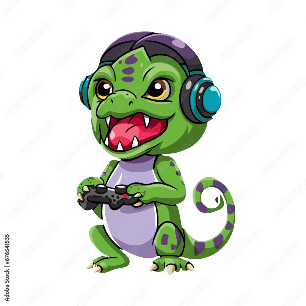 Fototapeta premium Cartoon-Style Enthusiastic Green Chameleon Wearing Headphones and Playing Video Games, Ideal for Children's T-Shirt Design, Vector Image with Transparent Background