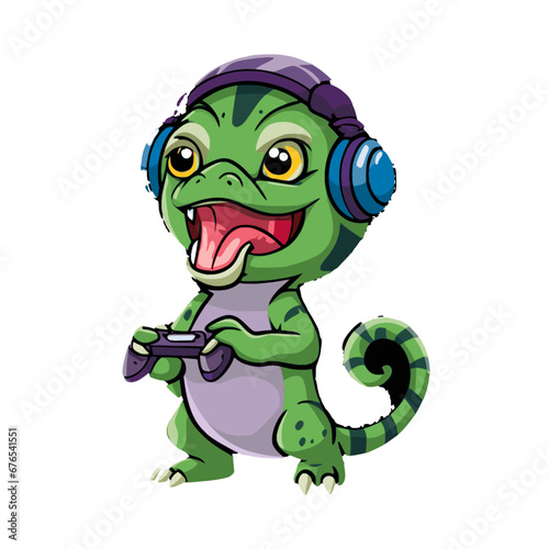 Cartoon-Style Enthusiastic Green Chameleon Wearing Headphones and Playing Video Games, Ideal for Children's T-Shirt Design, Vector Image with Transparent Background