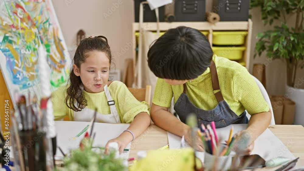 Thrilled student and artist teacher together drawing in a notebook, sharing a victorious high five in a buzzing art studio Thrilled student and artist teacher together drawing in a notebook, sharing a victorious high five in a buzzing art studio
