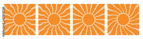  Set of retro backgrounds with sun rays, sun. Vintage bright orange poster. Vector illustration for banner, poster and background.