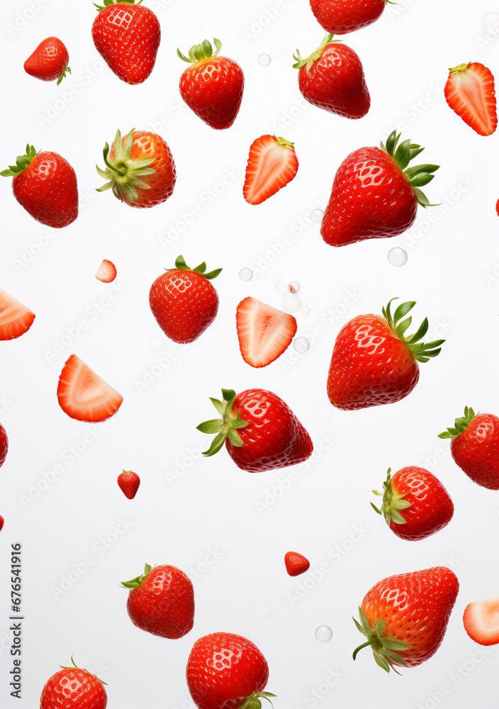 scattered strawberry, white background drop water created with Generative Ai scattered strawberry, white background drop water created with Generative Ai