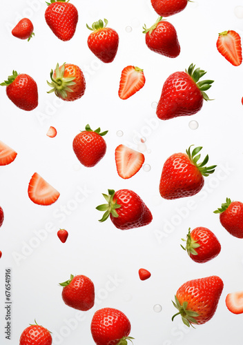 scattered strawberry, white background drop water created with Generative Ai