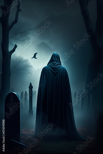 portrait of a dementor in a graveyard, dark and scary night, realistic, detailed, horror, spooky, terror
