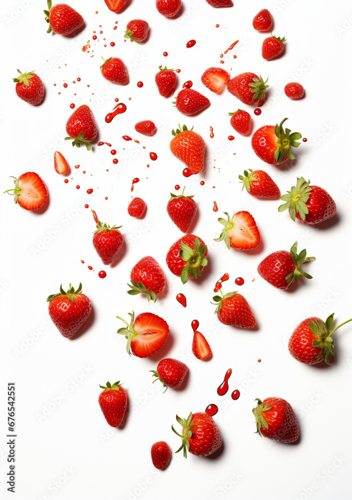 scattered strawberry, white background drop water created with Generative Ai scattered strawberry, white background drop water created with Generative Ai