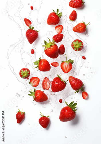 scattered strawberry, white background drop water created with Generative Ai