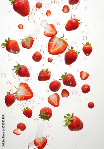 scattered strawberry, white background drop water created with Generative Ai