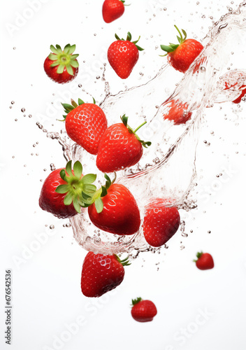 scattered strawberry, white background drop water created with Generative Ai