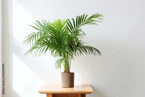 An indoor plant on a white table. It's an ornamental areca palm. Generative AI © Moriko