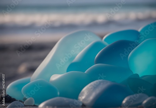 A mesmerizing collection of various colored sea glass fragments, delicately arranged on the beach near the water, like nature's jewels
