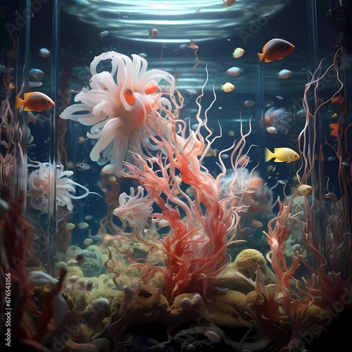 Tropical sea underwater fishes on coral reef. Aquarium oceanarium wildlife colorful marine panorama landscape nature snorkel diving