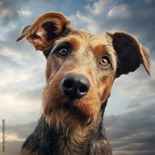 ai generated illustration of airedale terrier dog close up portrait on cloudy sky