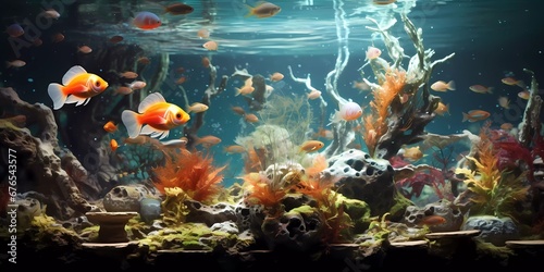 Tropical sea underwater fishes on coral reef. Aquarium oceanarium wildlife colorful marine panorama landscape nature snorkel diving © serdjo13