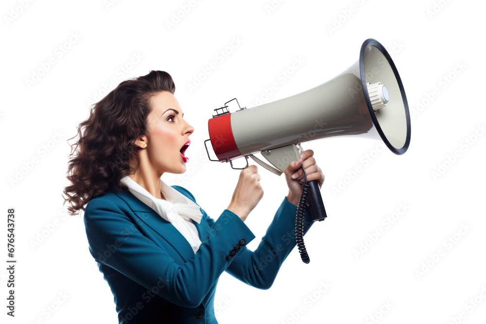 A Chic Brunette Lady Shouting into a Loudspeaker A Chic Brunette Lady Shouting into a Loudspeaker