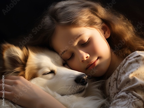 Baby girl hugs a dog with her eyes closed in the warm rays of the sun, AI