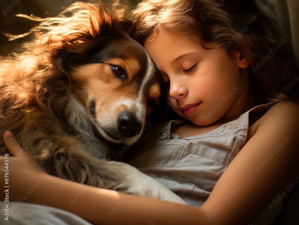 Baby girl hugs a dog with her eyes closed in the warm rays of the sun, AI