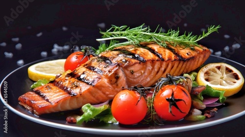Salmon steak with vegetables on a black plate on a black background