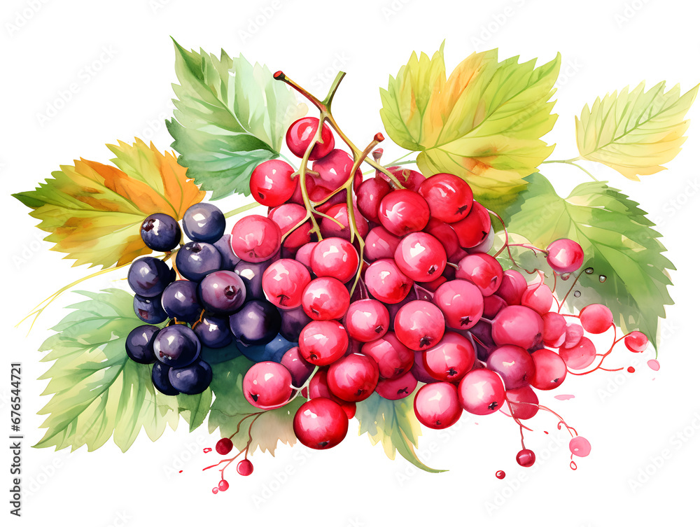 Watercolor illustration background with red berries on white background 