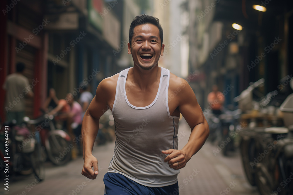 Man in a tank top jogging in the city