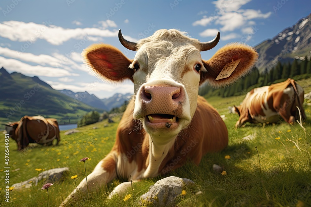 Portrait of a happy cow in the meadow