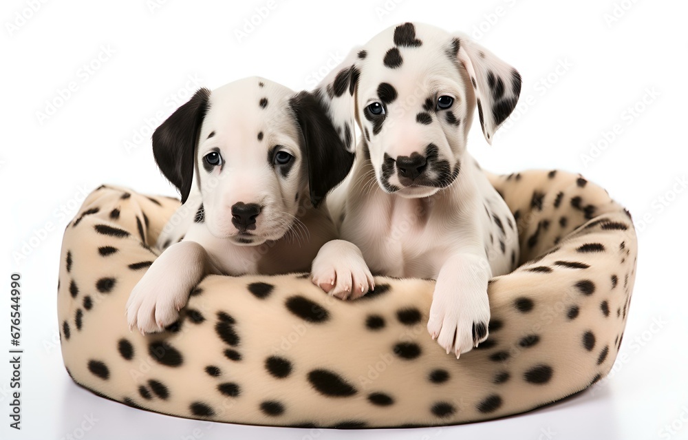 Two Dalmatian puppies in pet bed on white background for pet vet care card design Two Dalmatian puppies in pet bed on white background for pet vet care card design