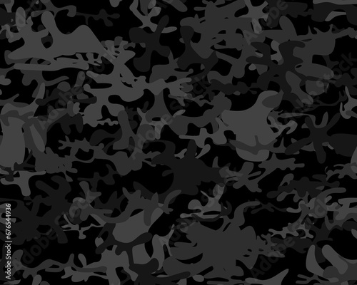 Camouflage Military Modern. Seamless Vector Camouflage. Tree Urban Grunge. Fabric Gray Texture. Camo Woodland Brush. Digital Dirty Camouflage. Dark Hunter Pattern. Gray Camo Print.  Seamless Print.