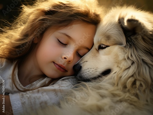 Baby girl hugs a dog with her eyes closed in the warm rays of the sun, AI © Vitalii But