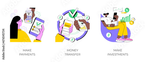 Banking app isolated cartoon vector illustrations set. Make digital payments with smartphone, money transfer banking service, peer-to-peer network, money investing and trading vector cartoon.