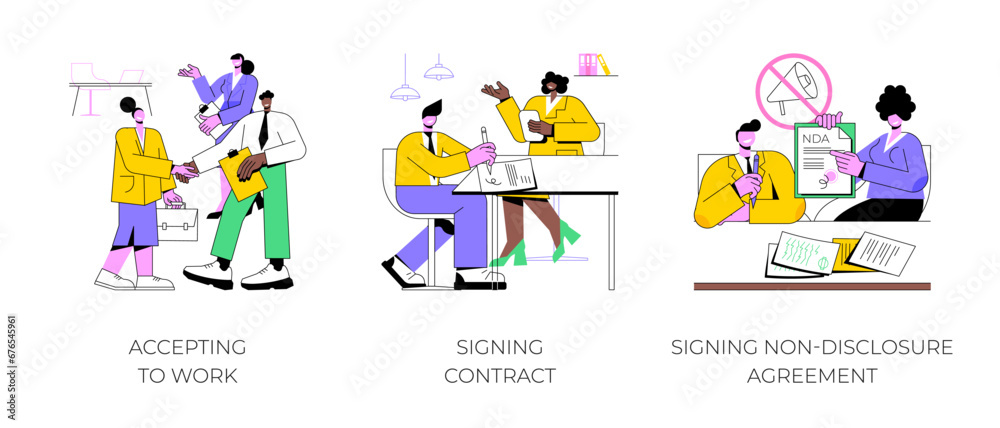 Human resources isolated cartoon vector illustrations set. Happy applicant is accepted to work, HR worker, recruiting process, employee signing contract, non-disclosure agreement vector cartoon.