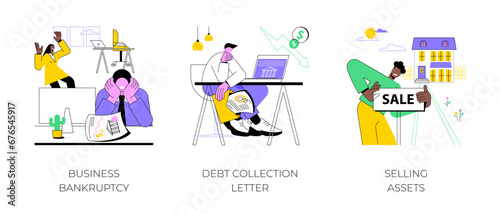 Business liquidation isolated cartoon vector illustrations set. Disappointed business owner sad about company bankruptcy, upset man holds debt collection letter, selling assets vector cartoon.
