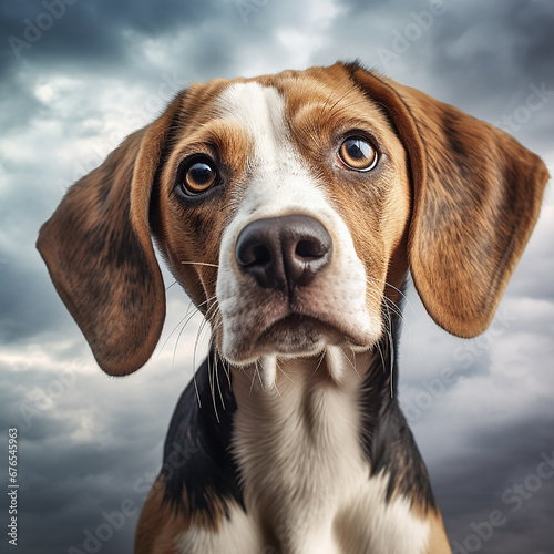 ai generated illustration of beagle terrier dog close up portrait on cloudy sky