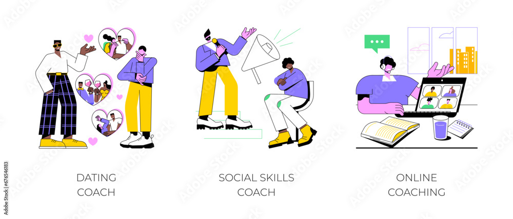 Personal coaching isolated cartoon vector illustrations set. Confident dating coach talking to shy guy, honing soft skills, improve social life, private online consultancy session vector cartoon.
