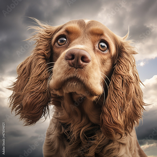 ai generated illustration of Cocker spaniel dog close up portrait on cloudy sky