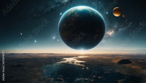Beautiful fantasy cosmic background. With planets  nebulas  galaxies and stars. Abstract exploration  star travel  and advance civilization concept. With copy space.