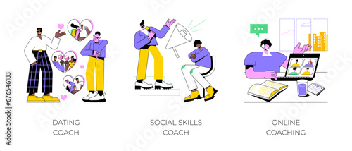 Personal coaching isolated cartoon vector illustrations set. Confident dating coach talking to shy guy, honing soft skills, improve social life, private online consultancy session vector cartoon.