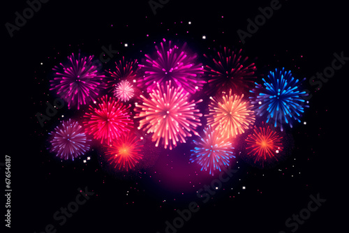 An explosion of fireworks with a black background with free space for text, birds-eye-view