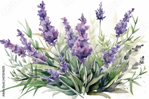 Close-up watercolor illustration of lavender flowers with stems, organic lavandula herb buds, and green leaves on a white background. Generative AI
