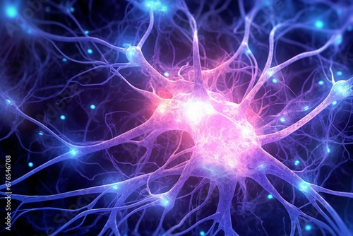 Scientific illustration of neuron cells in blue and purple. Generative AI