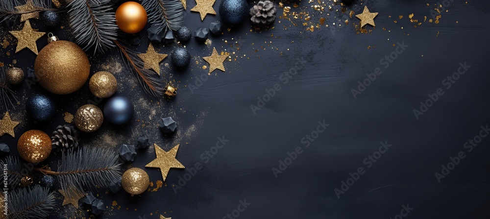 christmas tree and decorations on black background photo, in the style of dark indigo and dark gold,copy space - obrazy, fototapety, plakaty 