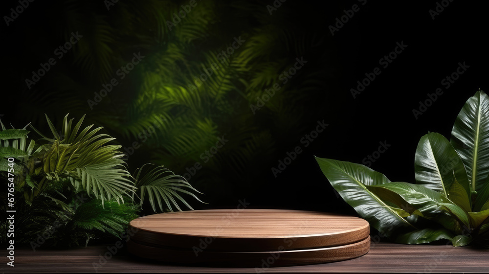 Empty round wooden table and tropical leaves on dark background. For product display. High quality photo