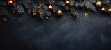 christmas tree and decorations on black background photo, in the style of dark indigo and dark gold,copy space