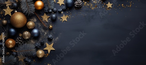 christmas tree and decorations on black background photo, in the style of dark indigo and dark gold,copy space