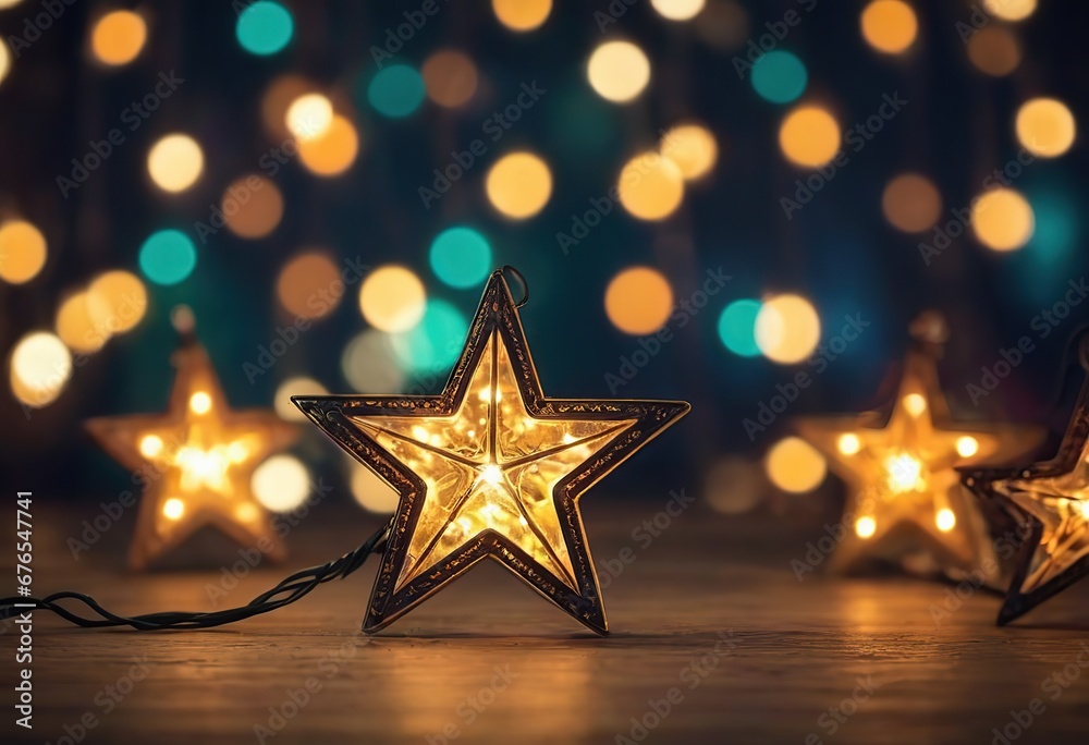 Decoration with a Christmas star on a bokeh background. Christmas background. Garland of Christmas glowing stars. Decoration with a Christmas star on a bokeh background. Christmas background. Garland of Christmas glowing stars.