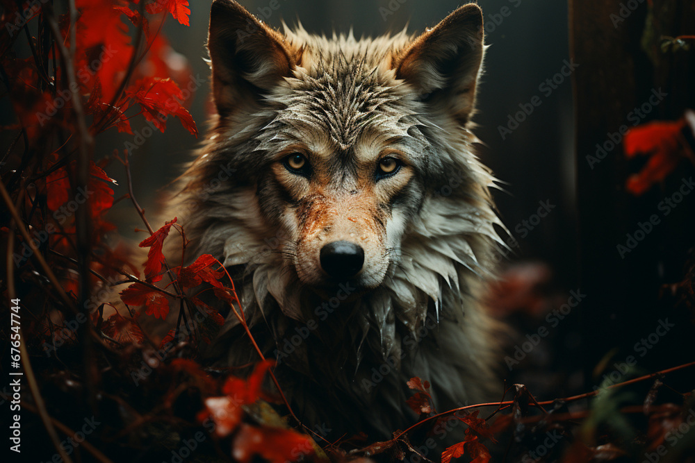 Photo of a wolf against the light, in a forest, at night, only lit by the full moon created with Generative Ai Photo of a wolf against the light, in a forest, at night, only lit by the full moon created with Generative Ai