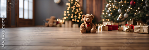 A cozy in-house ambiance with a wooden floor, the showcases a central space perfect for mockups. The backdrop features a festive Christmas setup adorned with a delightful Teddy bear. Generated Ai © O-CAP